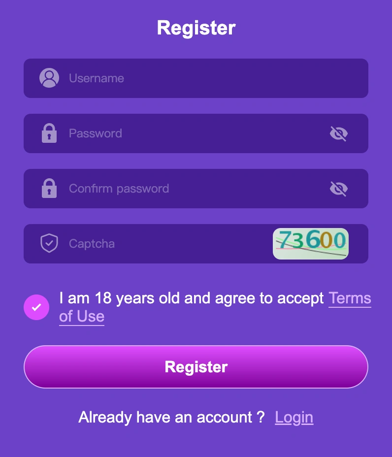 phlove register page showing login and app download options
